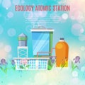 Ecology atomic station and environmental conservation concept with plants, factory, nuclear stations vector illustration