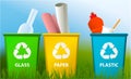 Waste segregation background with recycle bins
