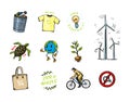 Ecology background. Zero waste. Hand drawn eco transport, bio. Waste sorting and recycling. Windmills and nature