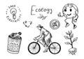 Ecology background. Zero waste. Hand drawn eco transport, bio. Waste sorting and recycling. Woodcut Doodles set Royalty Free Stock Photo