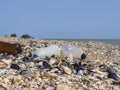 Ecology of the beach. Pollution by plastic bottles of the seashell beach the concept of the environment.  Empty used dirty Royalty Free Stock Photo