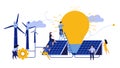 Ecology city environment energy Earth day design. Woman and man building solar panel landscape vector illustration. Concept eco Royalty Free Stock Photo