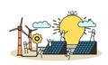 Ecology city environment energy Earth day design. Woman and man building solar panel landscape vector illustration. Concept eco Royalty Free Stock Photo