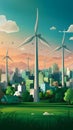 Ecology city landscape with wind turbines, promoting sustainable living