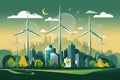 Ecology city landscape with wind turbines, promoting sustainable living