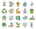 ecology color line icon set on white background. environment and renewable energy outline symbol. sustainable resources nature. Royalty Free Stock Photo