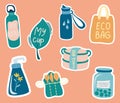 Ecology colorful stickers collection. Zero waste items: lunch box, thermos, mug, cloth bag, cream, wooden cutlery. Eco friendly