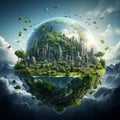 Ecology concept. Earth globe with green city on the cloudy sky background Ai generative