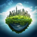 Ecology concept. Earth globe with green city on the cloudy sky background Ai generative