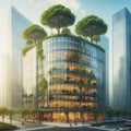 Ecology Concept : Eco-friendly building in the modern city. Sustainable glass office building with tree for reducing carbon Royalty Free Stock Photo