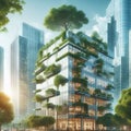 Ecology Concept : Eco-friendly building in the modern city. Sustainable glass office building with tree for reducing carbon Royalty Free Stock Photo
