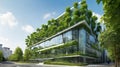 Ecology Concept : Eco-friendly building in the modern city. Sustainable glass office building with tree for reducing carbon Royalty Free Stock Photo