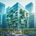 Ecology Concept : Eco-friendly building in the modern city. Sustainable glass office building with tree for reducing carbon Royalty Free Stock Photo