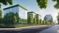 Ecology Concept : Eco-friendly building in the modern city. Sustainable glass office building with tree for reducing carbon Royalty Free Stock Photo