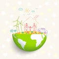 Ecology concept. Environmentally friendly world. Creative drawing on global environment with happy family stories Royalty Free Stock Photo