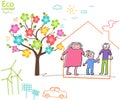 Ecology concept. Environmentally friendly world. Creative drawing on global environment with happy family stories Royalty Free Stock Photo