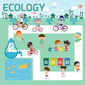 Ecology concept. flat design illustration, Kids for Saving Earth ,Save the world, people save planet,save the water ecology concep Royalty Free Stock Photo