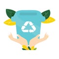 Ecology concept. Garbage container with plants and trees in human hands. Protect nature and ecology banner. Earth day Royalty Free Stock Photo