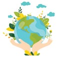 Ecology concept. Globe with plants and trees in human hands. Protect nature and ecology banner. Earth day. Vector Royalty Free Stock Photo