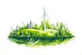 Ecology concept with green eco city background with wind turbines and green energy.Generative ai Royalty Free Stock Photo