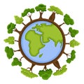 Ecology concept with green Eco Earth and trees. Cartoon earth planet globe with environment elements around. Eco Royalty Free Stock Photo