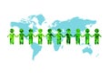 Group of Green children figure icon standing on world map. They holding hands together.