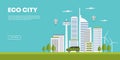 Ecology concept. Modern city and developed agriculture. Green eco city flat cartoon vector illustration isometric natural energy