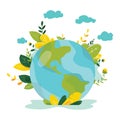 Ecology concept. People take care about planet ecology. Protect nature and ecology banner. Earth day. Globe with trees Royalty Free Stock Photo