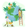Ecology concept. People take care of planet ecology. Protect nature and ecology banner. Earth day. Globe with trees, plants and Royalty Free Stock Photo