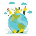 Ecology concept. People take care about planet ecology. Protect nature and ecology banner. Earth day. Globe with trees Royalty Free Stock Photo