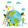 Ecology concept. People take care about planet ecology. Protect nature and ecology banner. Earth day. Globe with trees Royalty Free Stock Photo