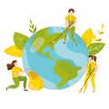 Ecology concept. People take care about planet ecology. Protect nature and ecology banner. Earth day. Globe with trees Royalty Free Stock Photo