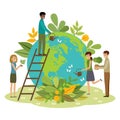 Ecology concept. People take care about planet. Protect nature. Earth day. Globe with plants and volunteer people