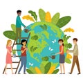 Ecology concept. People take care about planet. Protect nature. Earth day. Globe with plants and volunteer people