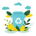 Ecology concept. Protect nature and ecology banner. Earth day. Garbage container with trees, plants. Vector illustration Royalty Free Stock Photo