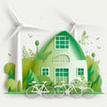 Ecology concept with windmill, house and bicycle Ai generative