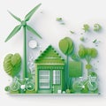 Ecology concept with windmill, house and bicycle Ai generative