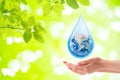Ecology Concept : Woman hand holding planet earth globe in water drop with green natural in background.