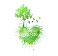 Ecology. Enviroment protection. Green grass and a tree with birds . Vector illustration