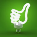 Ecology environment and saving energy, light bulb concept of successful business. Thumb up sign gesture hand lamp bulb.