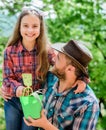 Ecology environment. soils and fertilizers. little girl and happy man dad. earth day. new life. spring village country Royalty Free Stock Photo