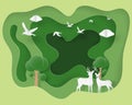 Ecology and environmental background concept. Love couple deer in forest in paper cut style. Vector illustration. Wallpaper,