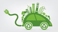 Ecology and Environmental Cityscape Concept,Car Symbol With Green Leaves Around Cities Help The World With Eco-Friendly Ideas