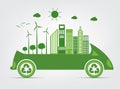 Ecology and Environmental Cityscape Concept,Car Symbol With Green Leaves Around Cities Help The World With Eco-Friendly Ideas