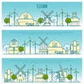 Ecology farm banners. Vector template with thin line icons of eco farm technology, sustainability of local environment