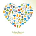 Ecology flat icons arranged in heart. Vector