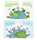 Ecology Flyer Clean Energy and Factories Banner Posters Card Set. Vector
