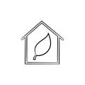 Ecology friendly house with leaf hand drawn icon.