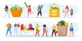 Ecology friendly people set concept, vector illustration. Flat tiny man woman character shopping, use eco paper bag