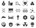 Ecology, globe, plant. Bioengineering glyph icons set. Biotechnology for health, researching, materials creating. Molecular